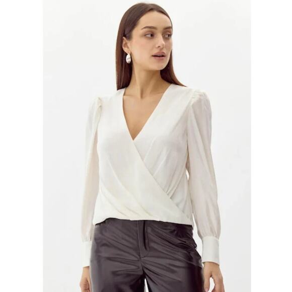 Bardot White Satin Faux Wrap Blouse | V-Neck | Long Sleeve | Size 6 / Small - Picture 1 of 6